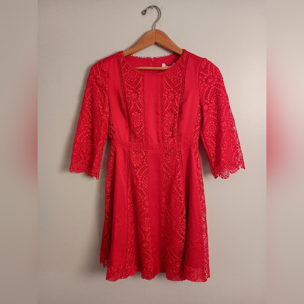 Designer- Red Red Floral Lace Paneled Fit & Flare Dress- Size XS